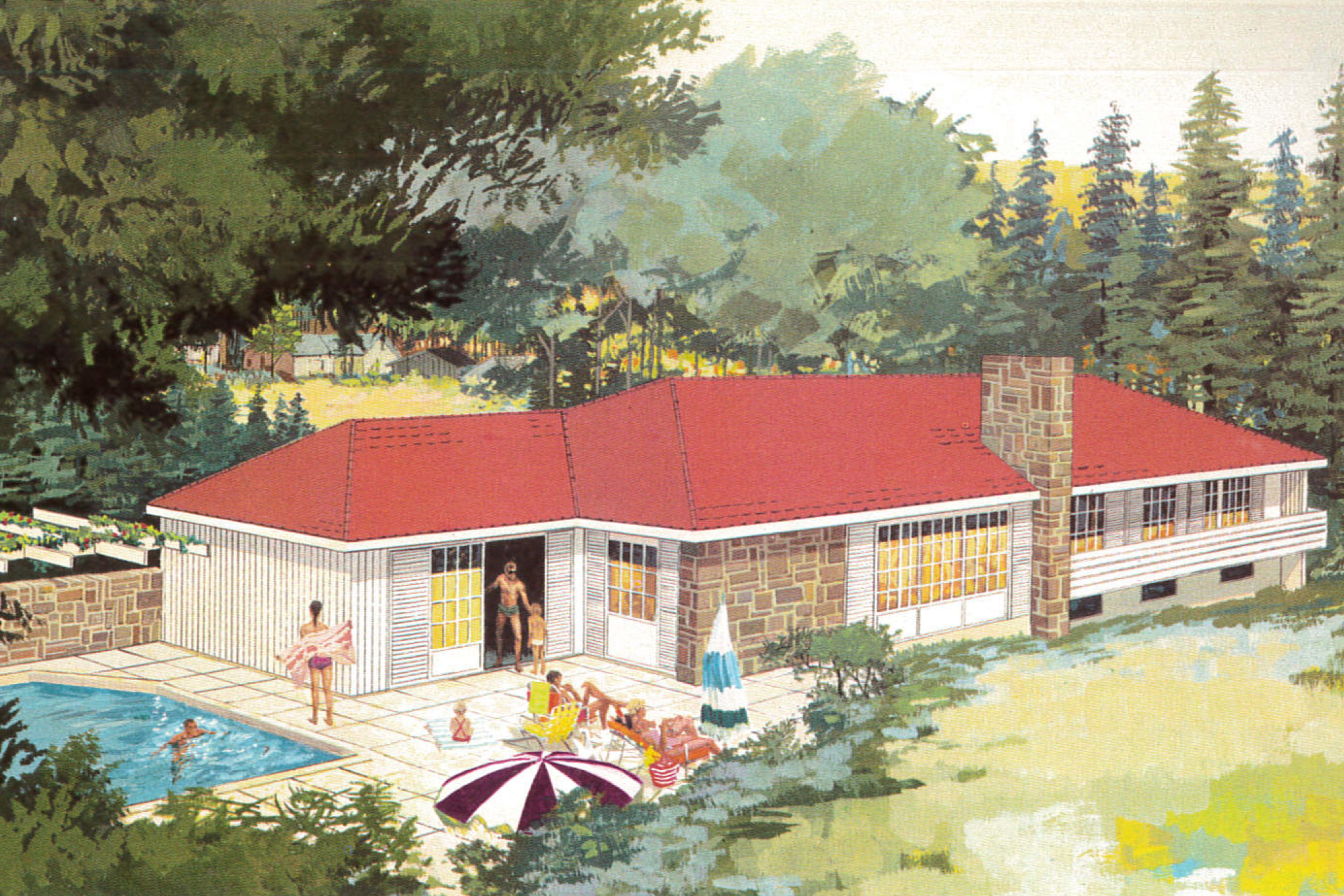 Illustrasjon av OBOS Block Watne-boligtypen Block 165 i huskatalog fra 70-tallet