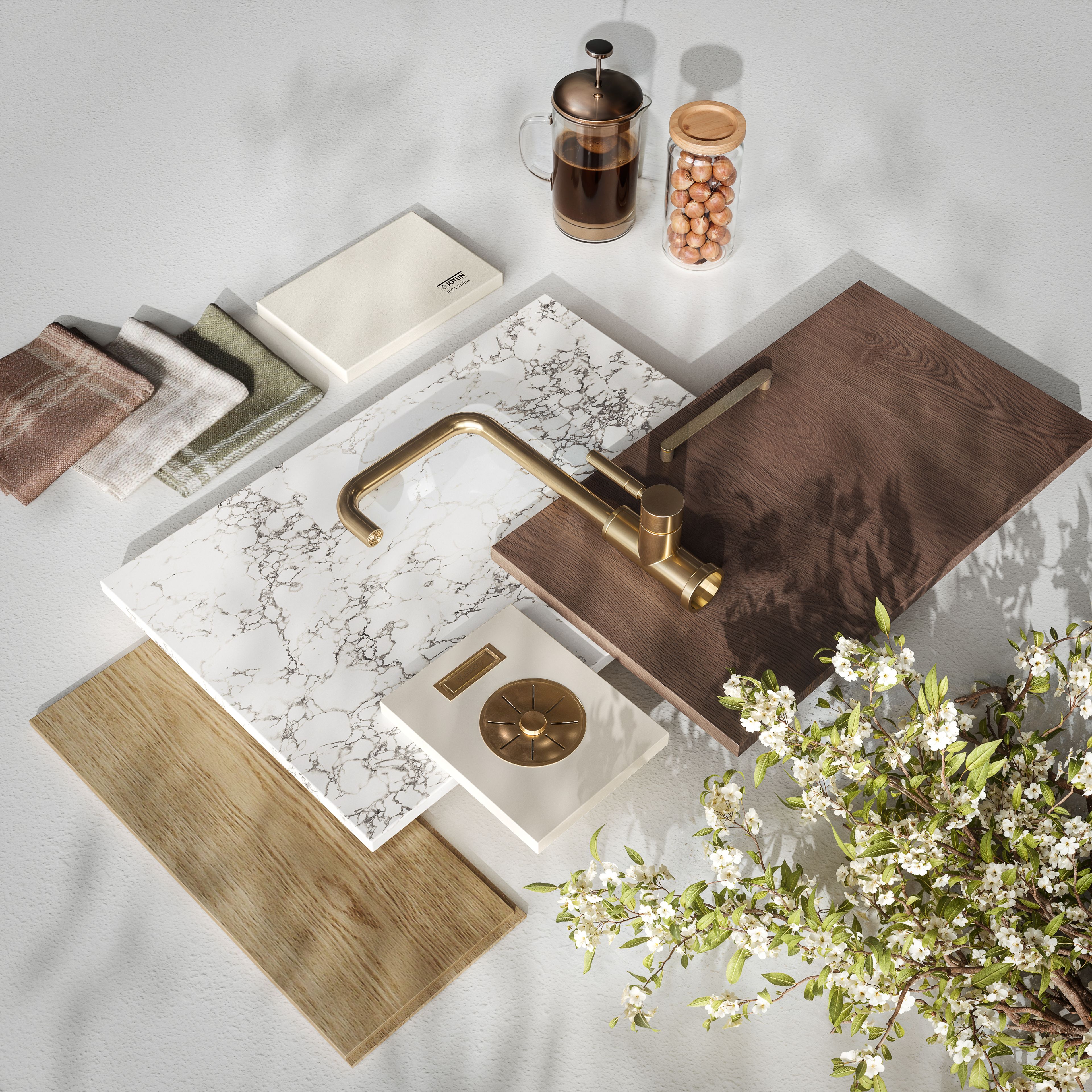 Moodboard med materialer og uttrykk til kjøkken i Versalen Signatur, Trykkeriet Nydalen.