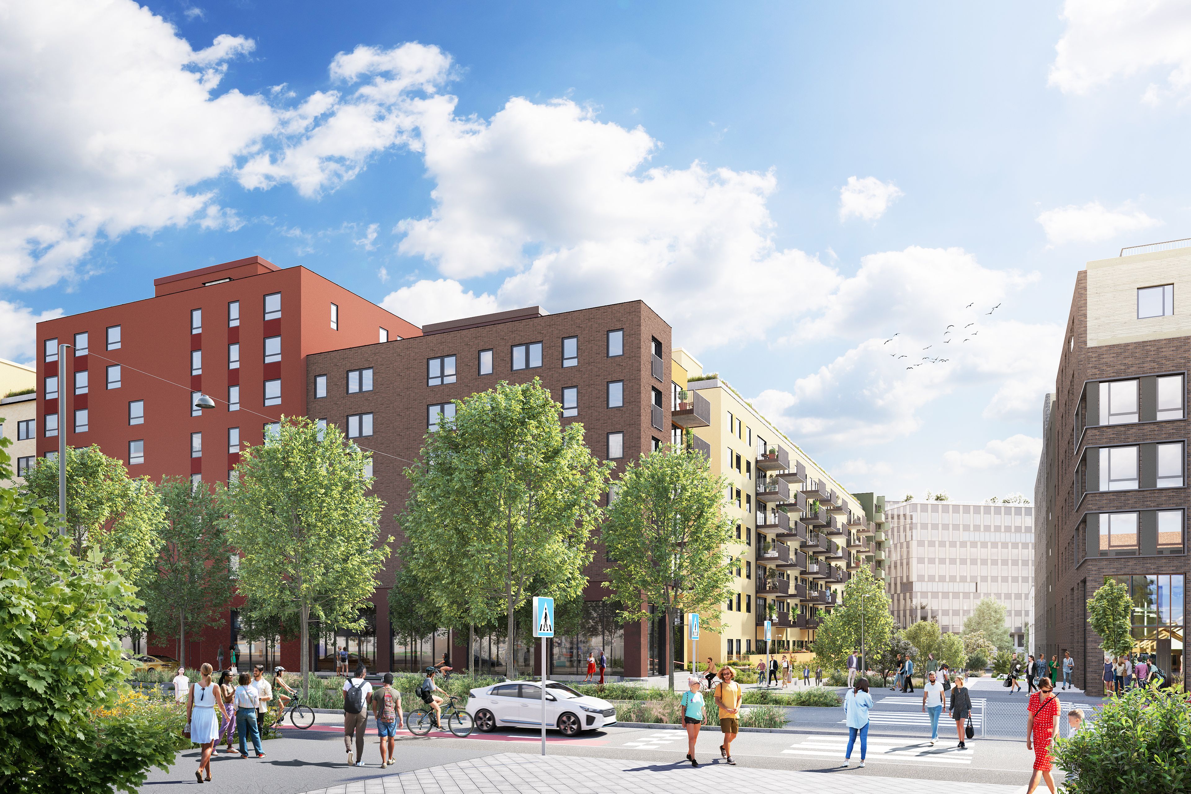 Illustrasjon av mennesker som går på gaten utenfor boligprosjektet Ulvenplassen på dagtid