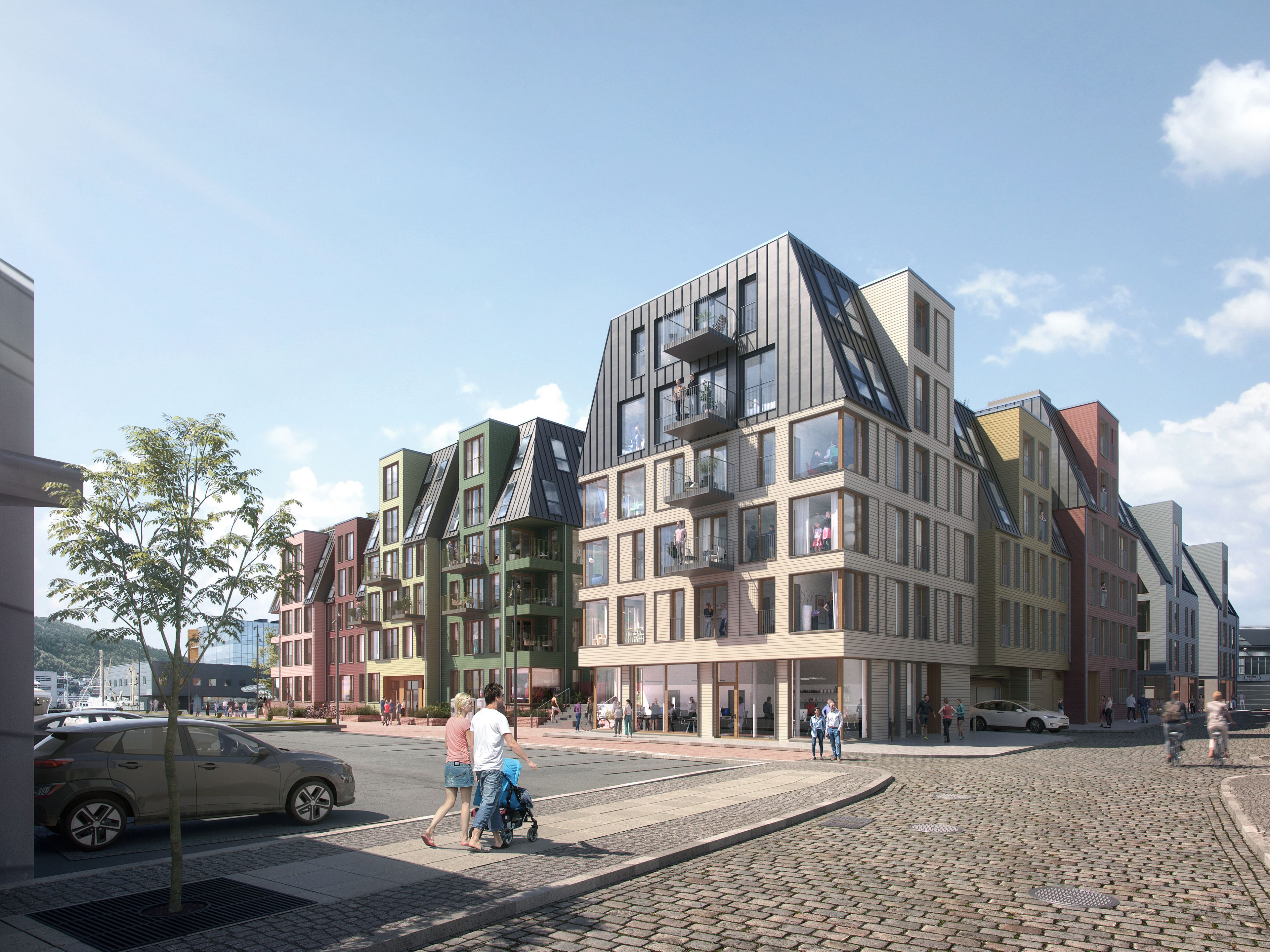 Illustrasjon av fasade på leilighetsbygg på Nøstebukten brygge