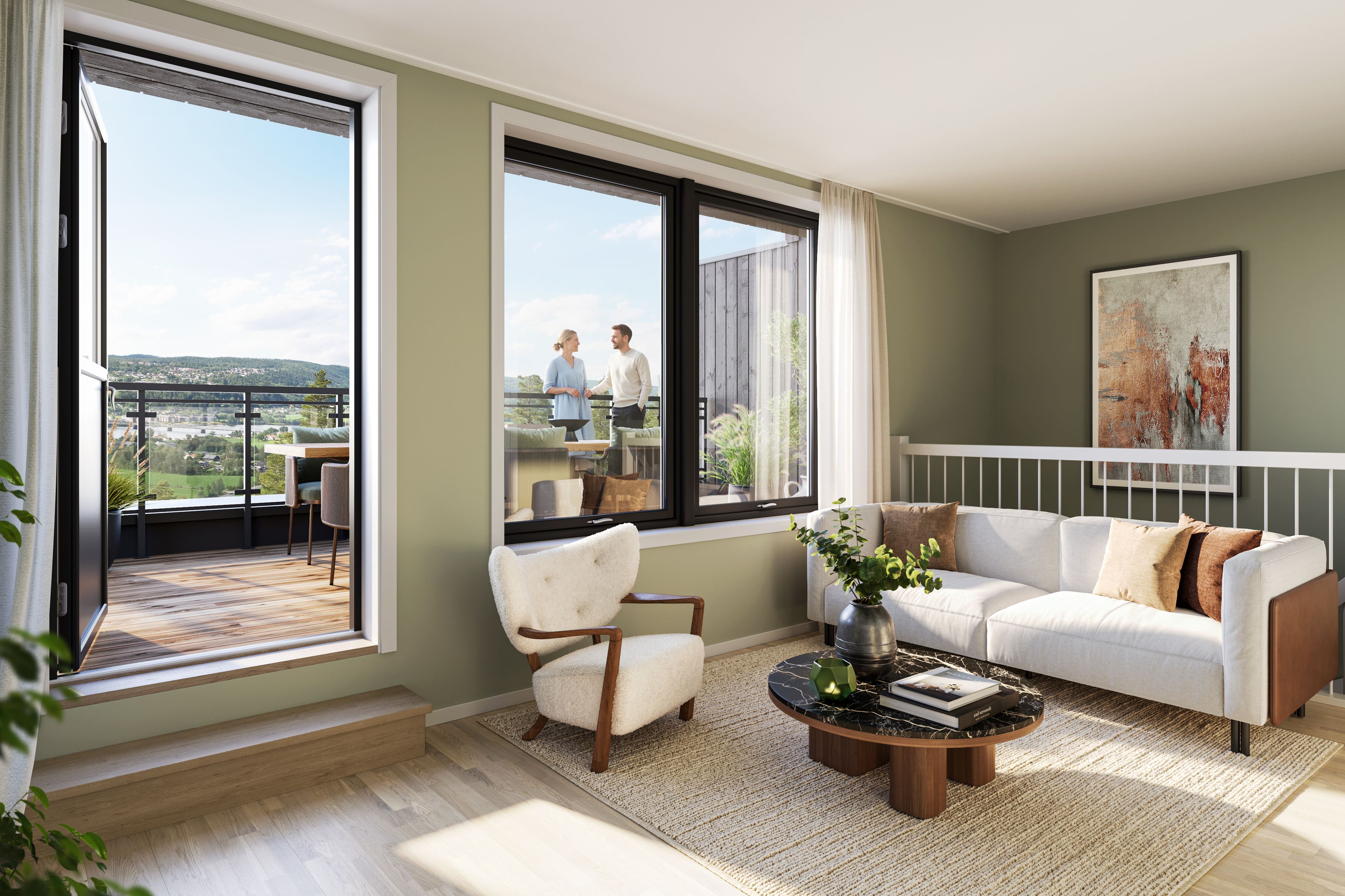 Illustrasjon av loftstue med utgang til terrasse i rekkehus, hus 4, på Løkenåsen Platå