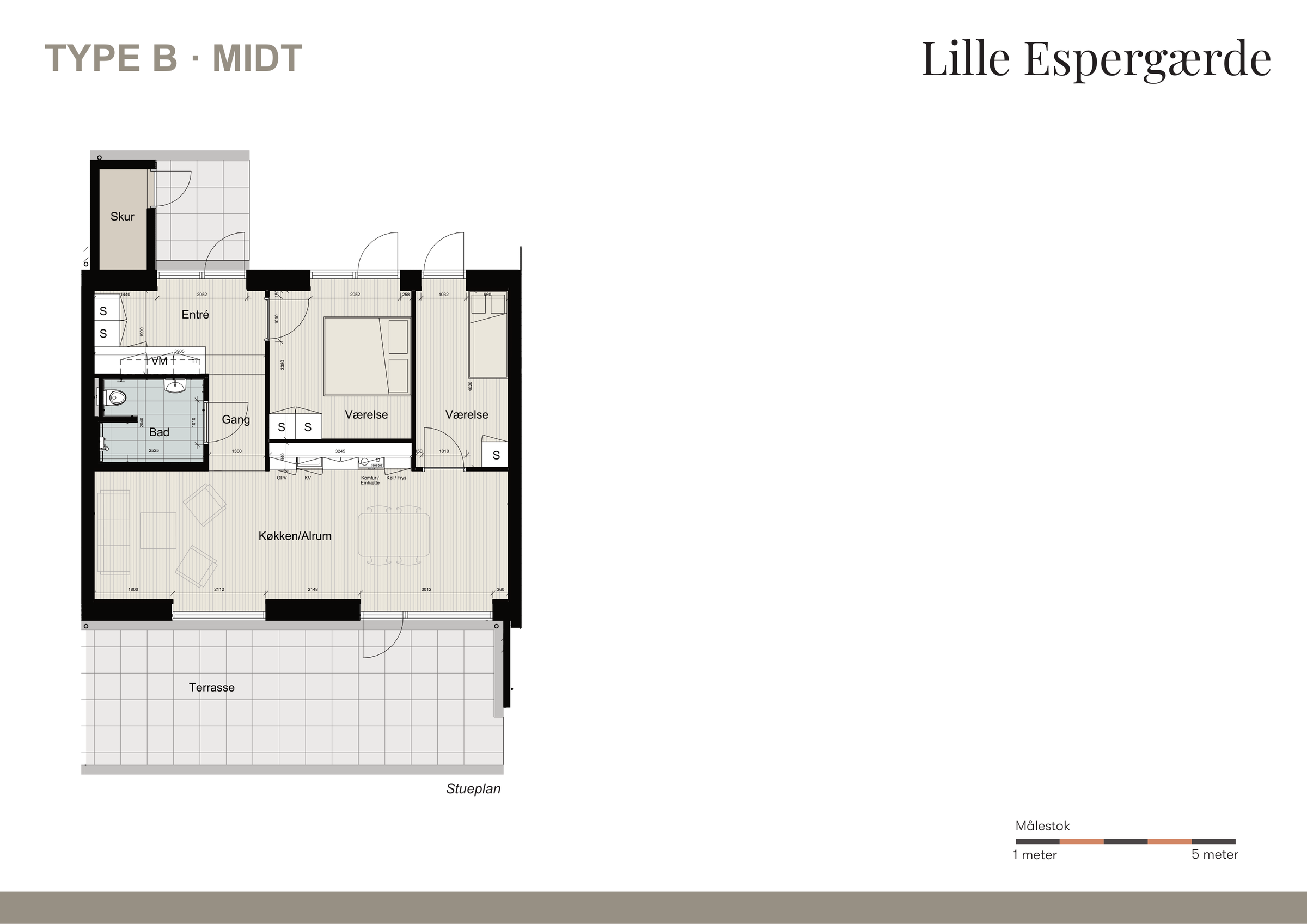 Type B · Midt: Stueplan med terrasse og skur.