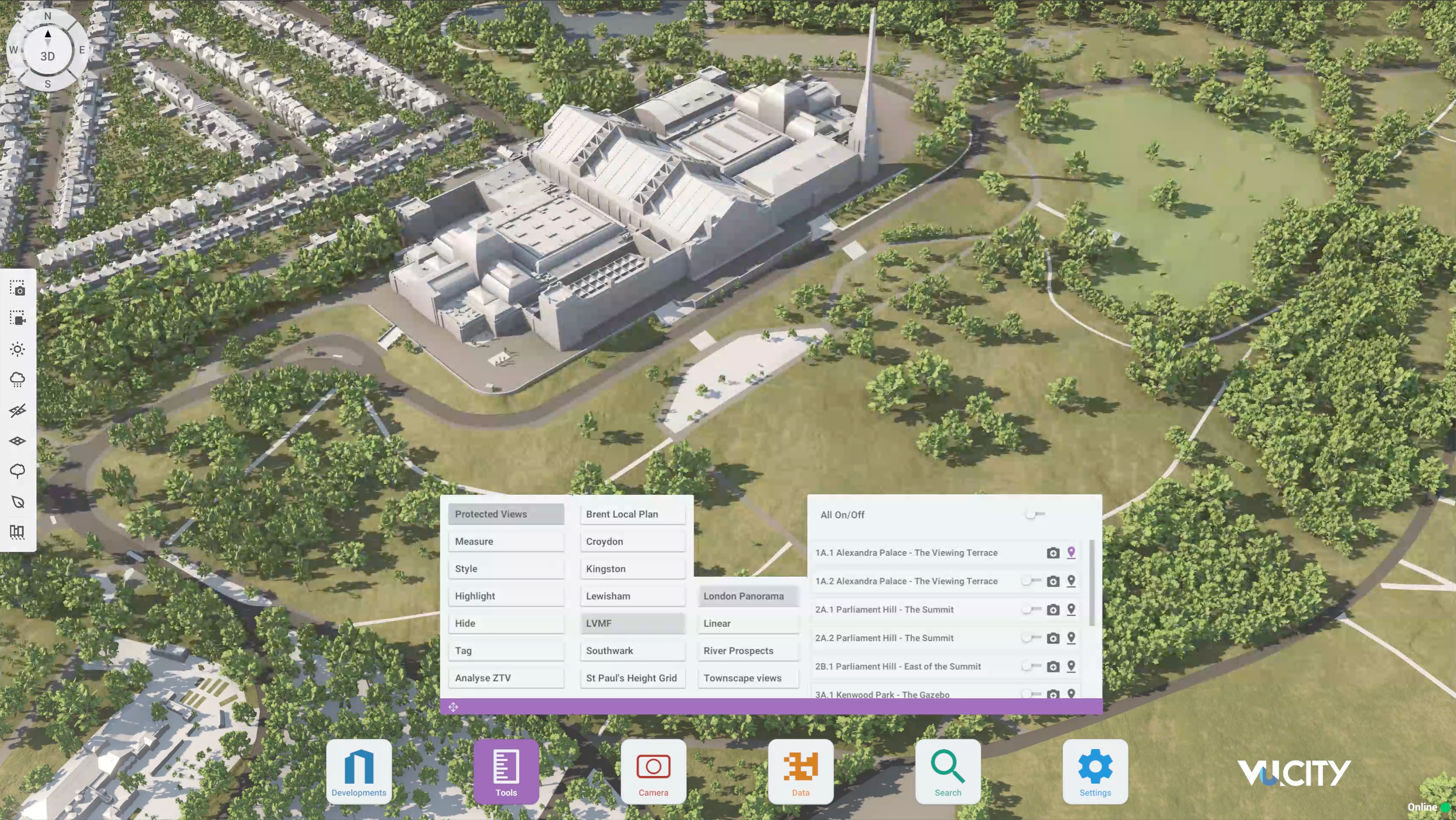 Access any protected view from the Tools menu by clicking on the location pin icon, which brings you to the protected view using the orbit camera.