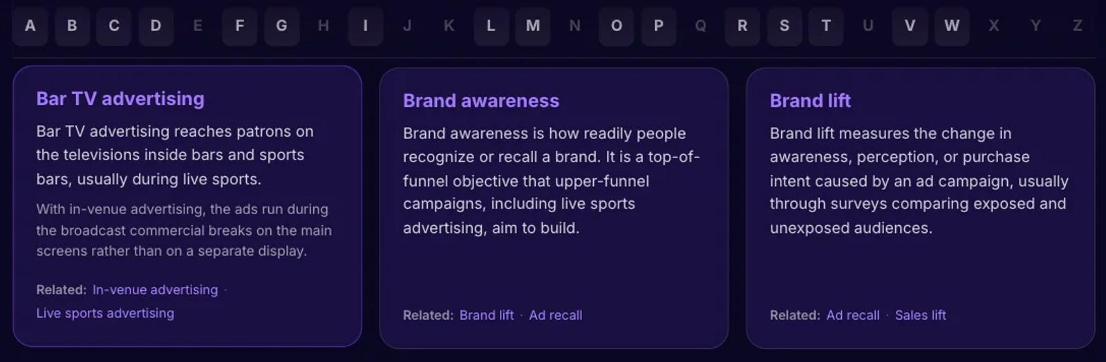 The glossary page with an A to Z index and cards defining terms like bar TV advertising, brand awareness, and brand lift, each with related terms