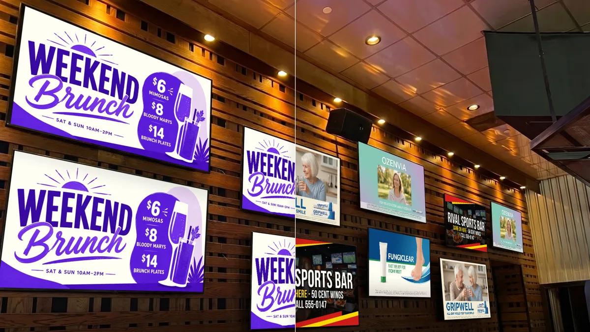A before-and-after of a sports-bar TV wall: the venue running its own Weekend Brunch promos with Taiv, next to rival sports-bar and pharma ads without it