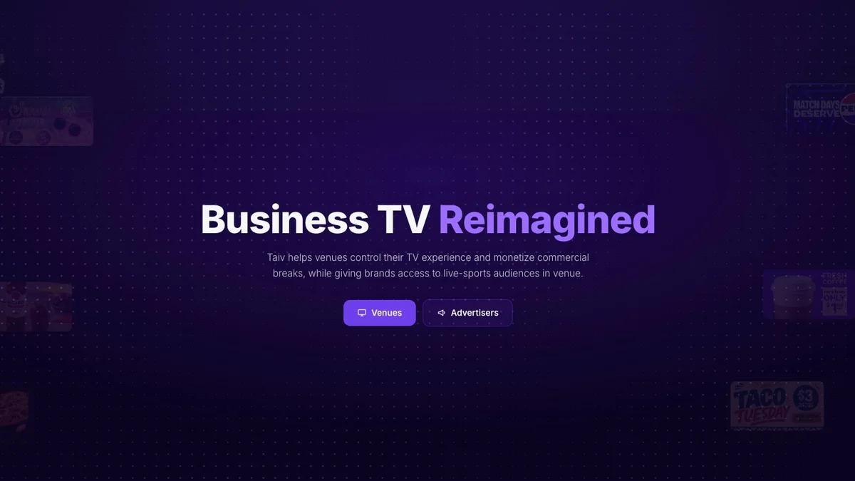 The redesigned taiv.tv home page with the headline Business TV Reimagined