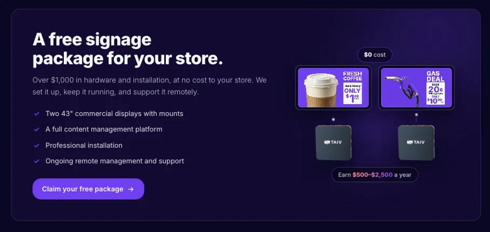 The retail page offering a free signage package: two 43-inch displays with mounts and installation at $0 cost, showing coffee and gas-deal promotions, earning $500 to $2,500 a year