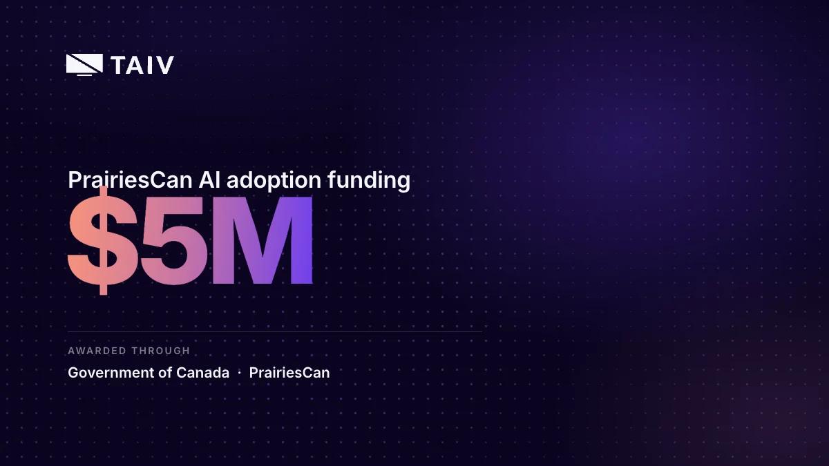 The Taiv logo above a large $5M in the coral-to-violet brand gradient, labeled PrairiesCan AI adoption funding