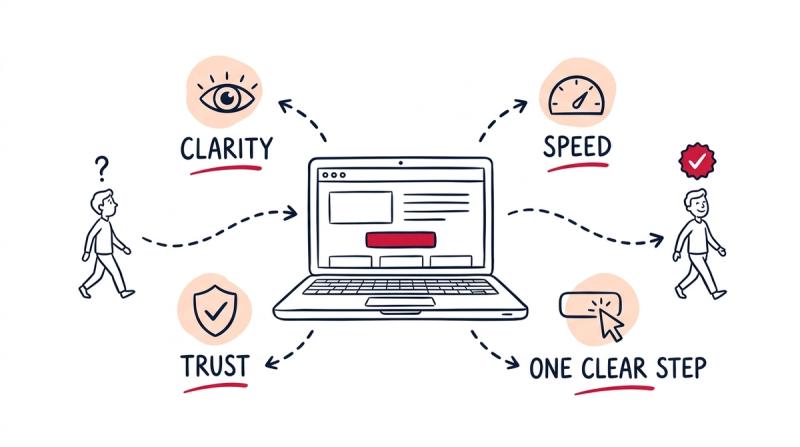 Hand-drawn diagram of a website converting a visitor into a customer, with clarity, trust, speed, and one clear next step feeding into the page.