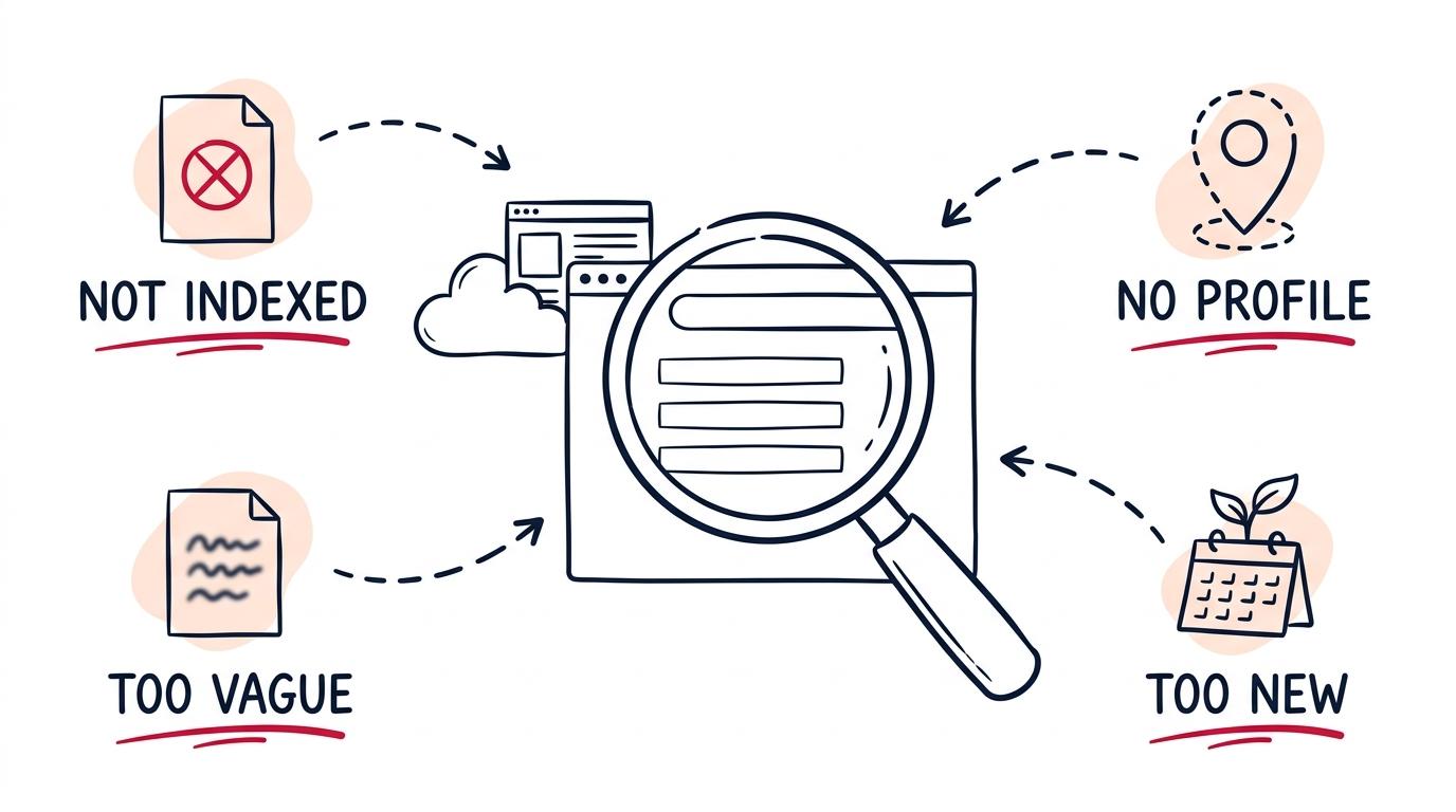 A magnifying glass over empty search results with a website hidden behind a cloud, surrounded by four causes: not indexed, no profile, too vague, and too new.