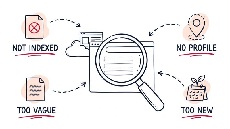 A magnifying glass over empty search results with a website hidden behind a cloud, surrounded by four causes: not indexed, no profile, too vague, and too new.
