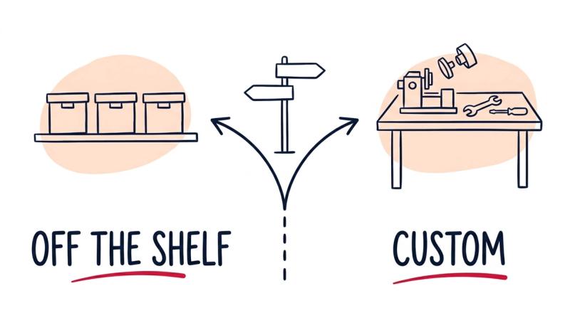 A path forking between a shelf of identical boxed products labeled off the shelf and a workbench building a single tool labeled custom.