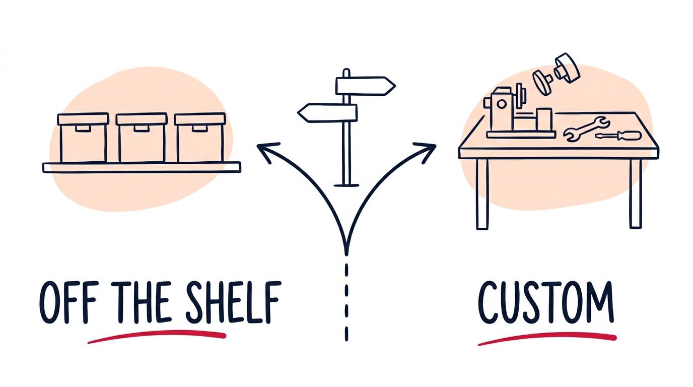 A path forking between a shelf of identical boxed products labeled off the shelf and a workbench building a single tool labeled custom.