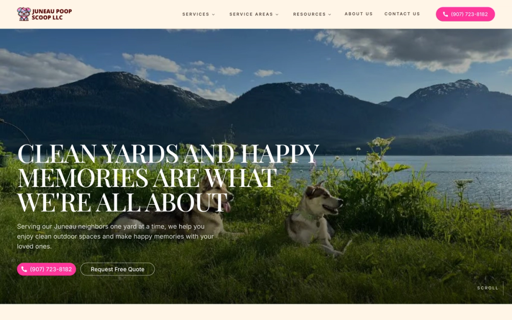 The Juneau Poop Scoop homepage, with two dogs in a grassy yard by the water.
