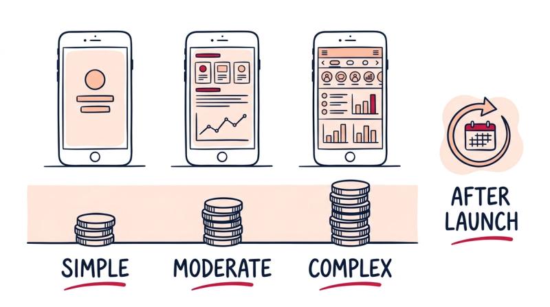 Three phone apps of increasing complexity above growing stacks of coins, with a separate icon for the recurring costs that continue after launch.
