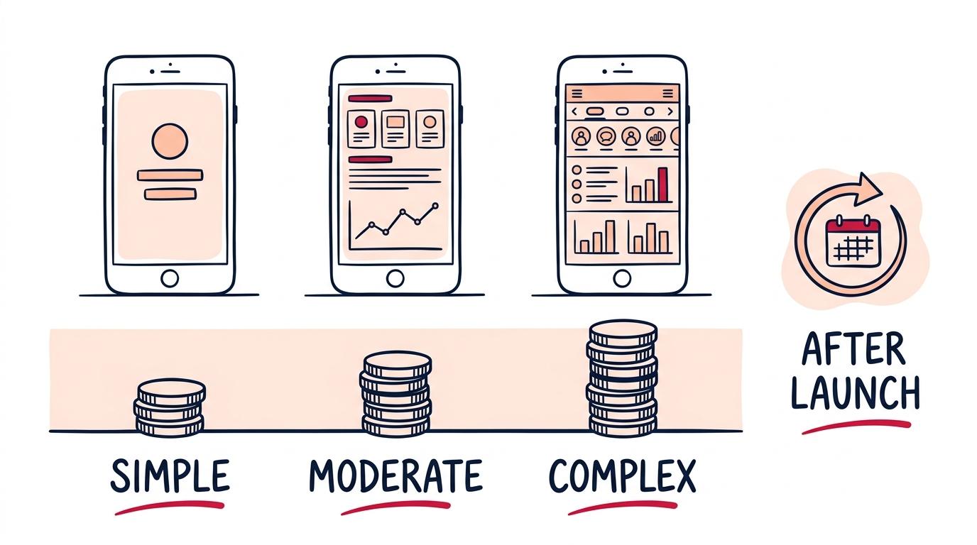 Three phone apps of increasing complexity above growing stacks of coins, with a separate icon for the recurring costs that continue after launch.