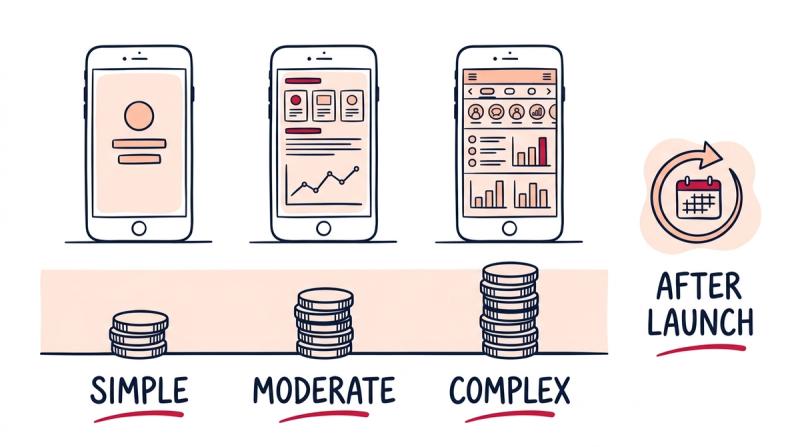 Three phone apps of increasing complexity above growing stacks of coins, with a separate icon for the recurring costs that continue after launch.