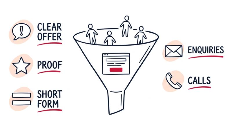 Visitors entering a funnel, passing through a website with a clear call to action, and emerging as phone and email inquiries.