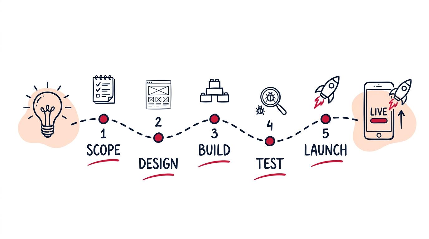 Hand-drawn roadmap of the five stages of building an app: scope, design, build, test, and launch, running from a lightbulb idea to a live app on a phone.