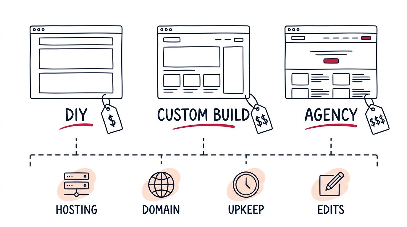 Three website builds of increasing complexity above price tags, with a row of ongoing costs for hosting, domain, upkeep, and edits below.