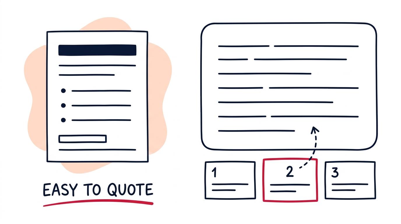 An AI answer panel citing three sources, with one highlighted, linked back to a clearly structured page labeled easy to quote.