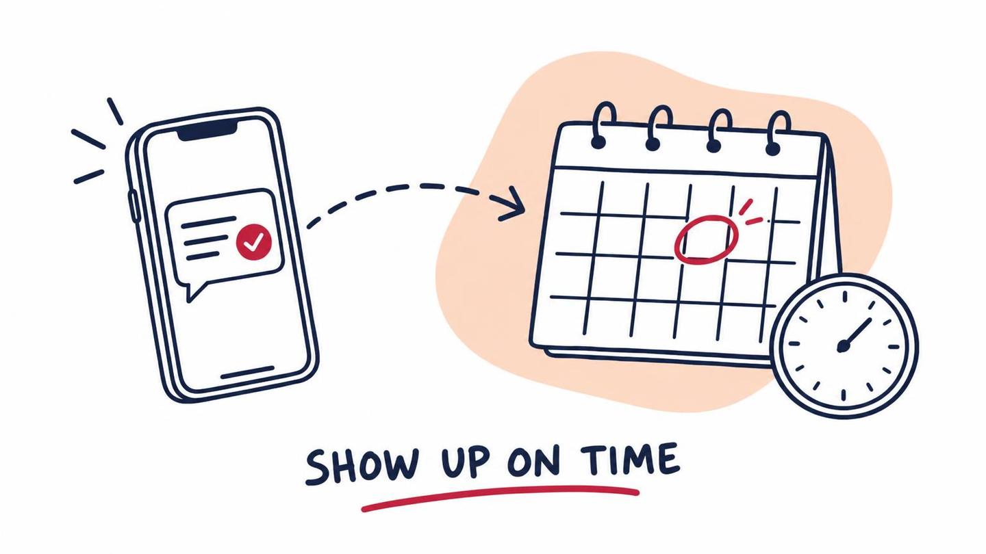 A smartphone showing a text message with a check mark, a dashed arrow pointing to a calendar with one day circled in red and a clock, and the hand-lettered label SHOW UP ON TIME.