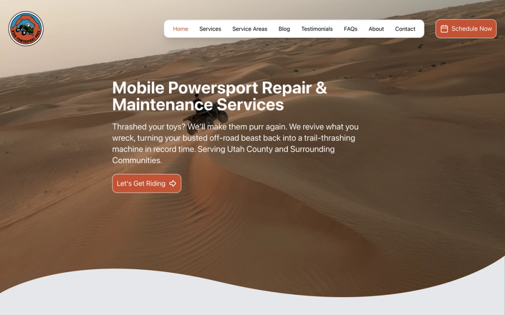 The Utah Powersport Pros homepage, with an ATV riding across sand dunes.