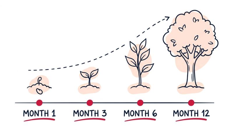 A timeline from month one to month twelve with a plant growing from seed to tree, showing how search results compound slowly over time.