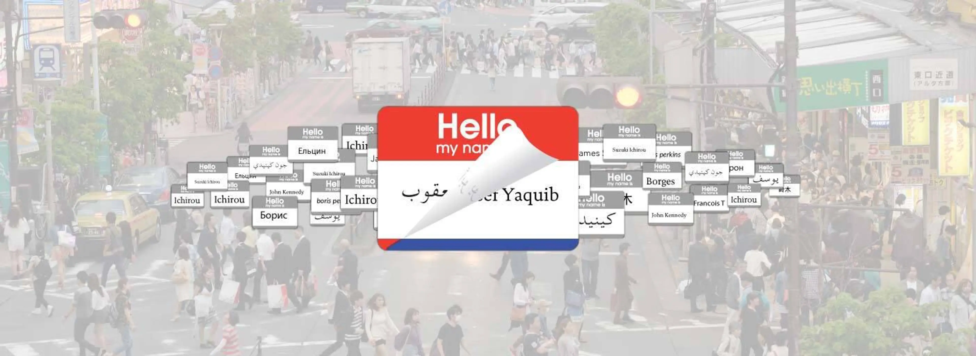 An image showing crowded road and Hello word in different languages