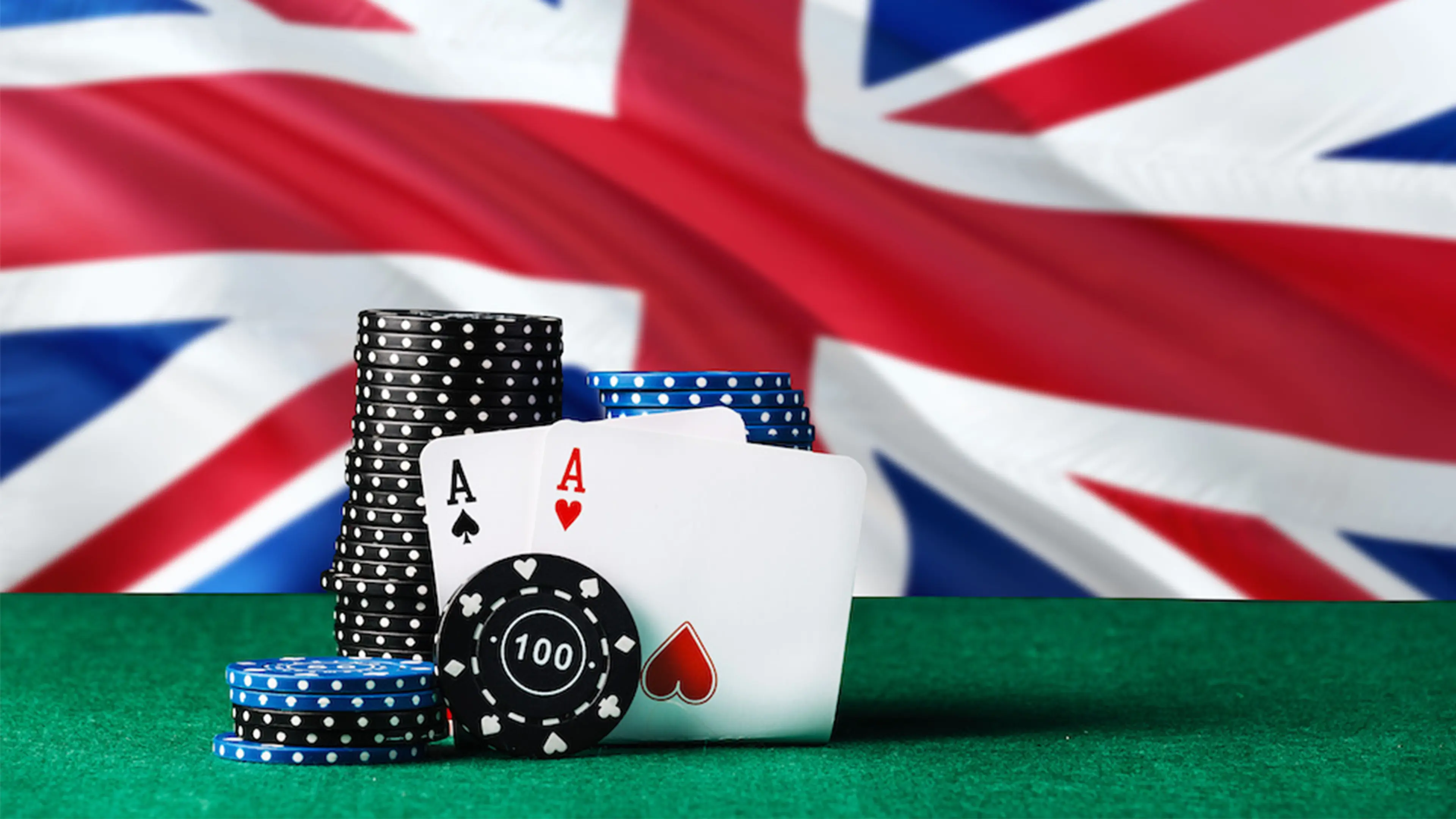 Image of casino chips and cards and UK flag in background