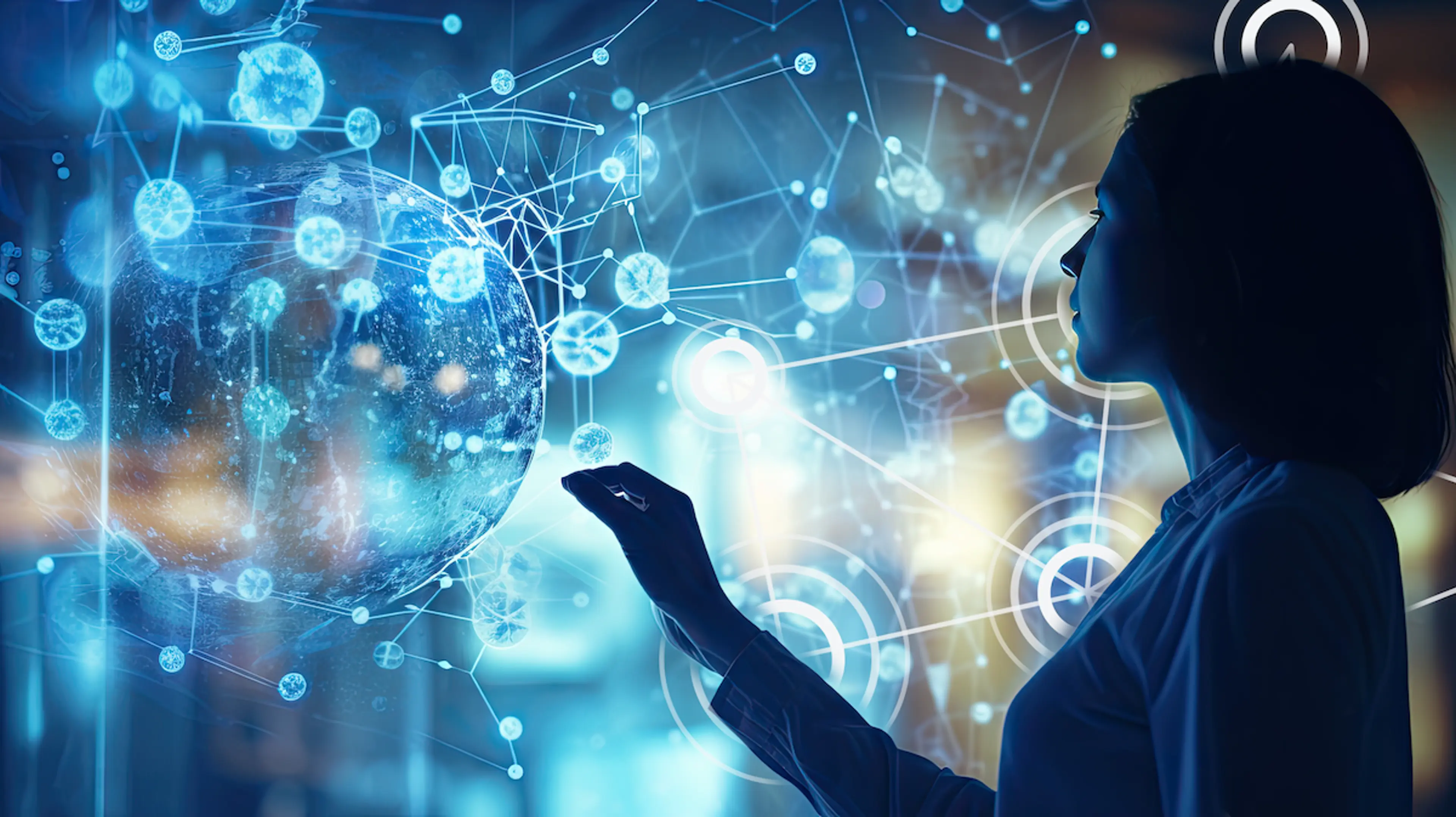 A digital network background and girl looking at globe