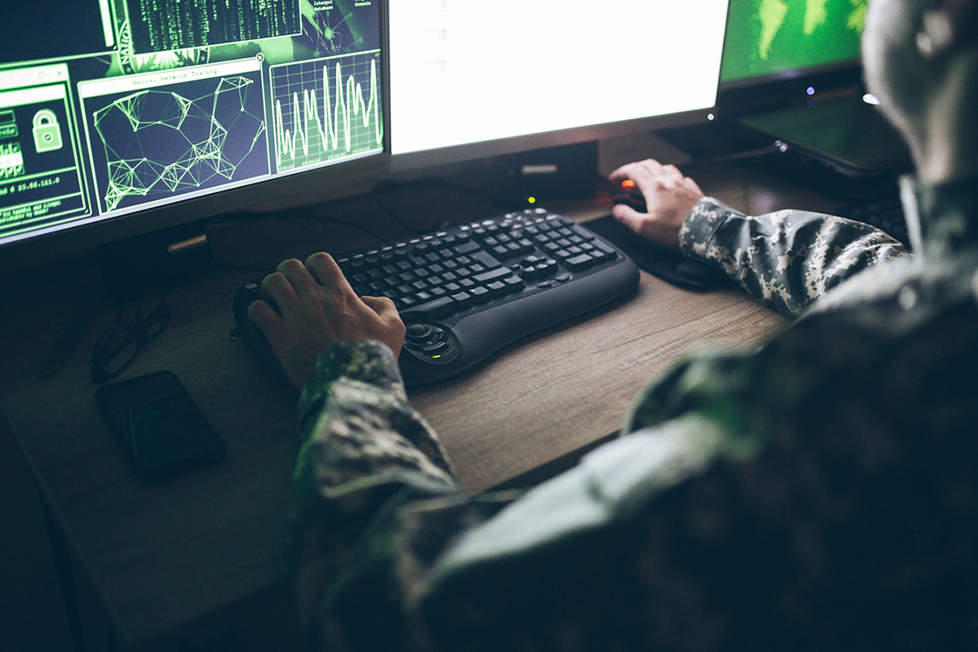 American soldier in control center