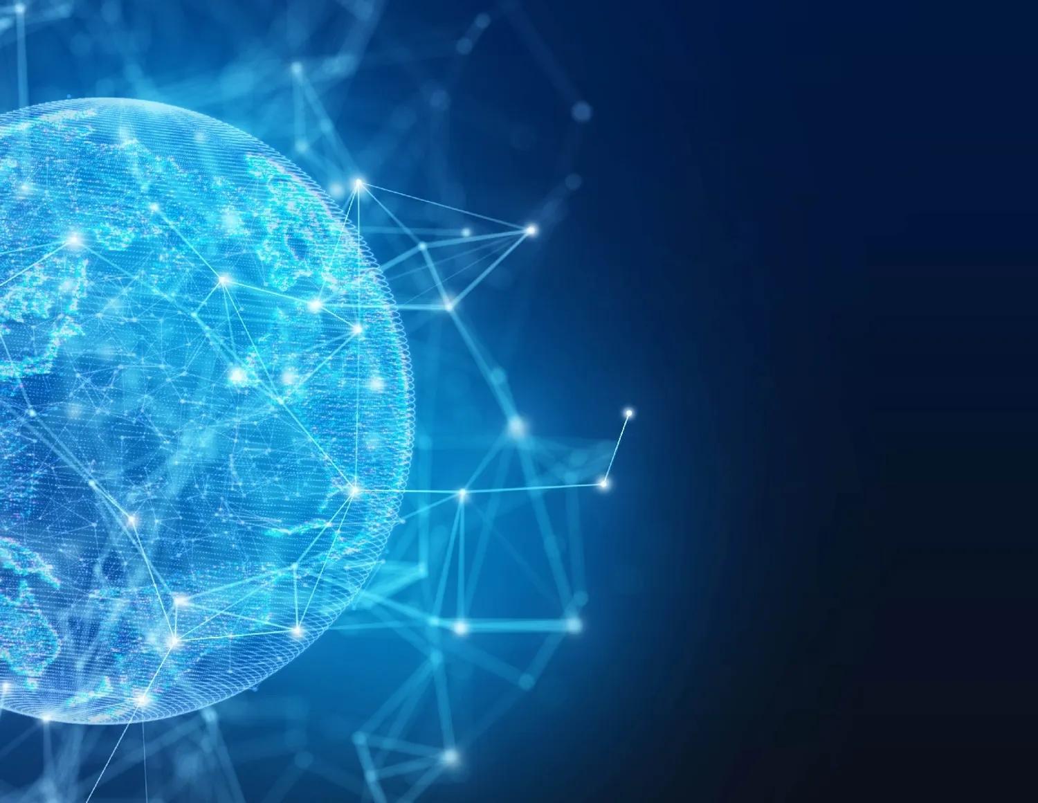 A blue globe with a network of lines and dots