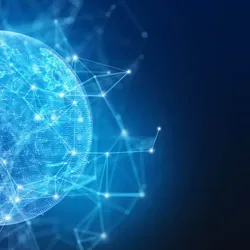 A blue globe with a network of lines and dots