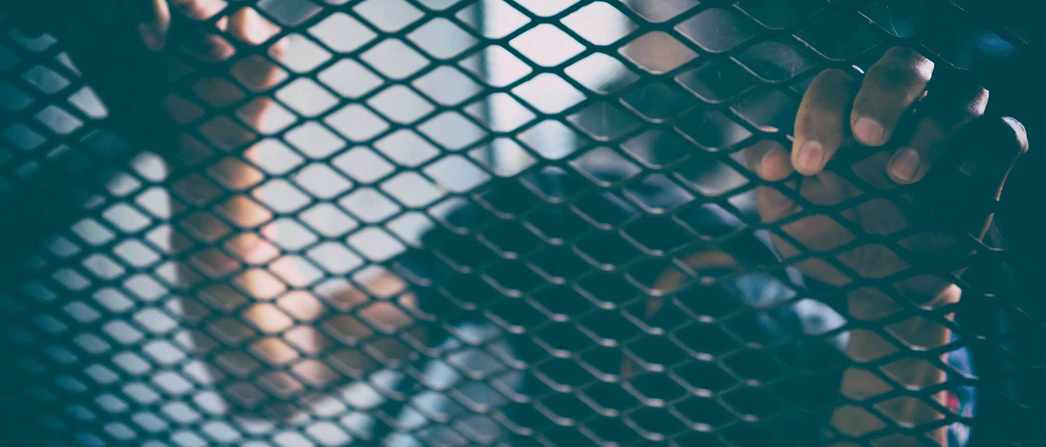 A person's hand reaching through a chain link fence