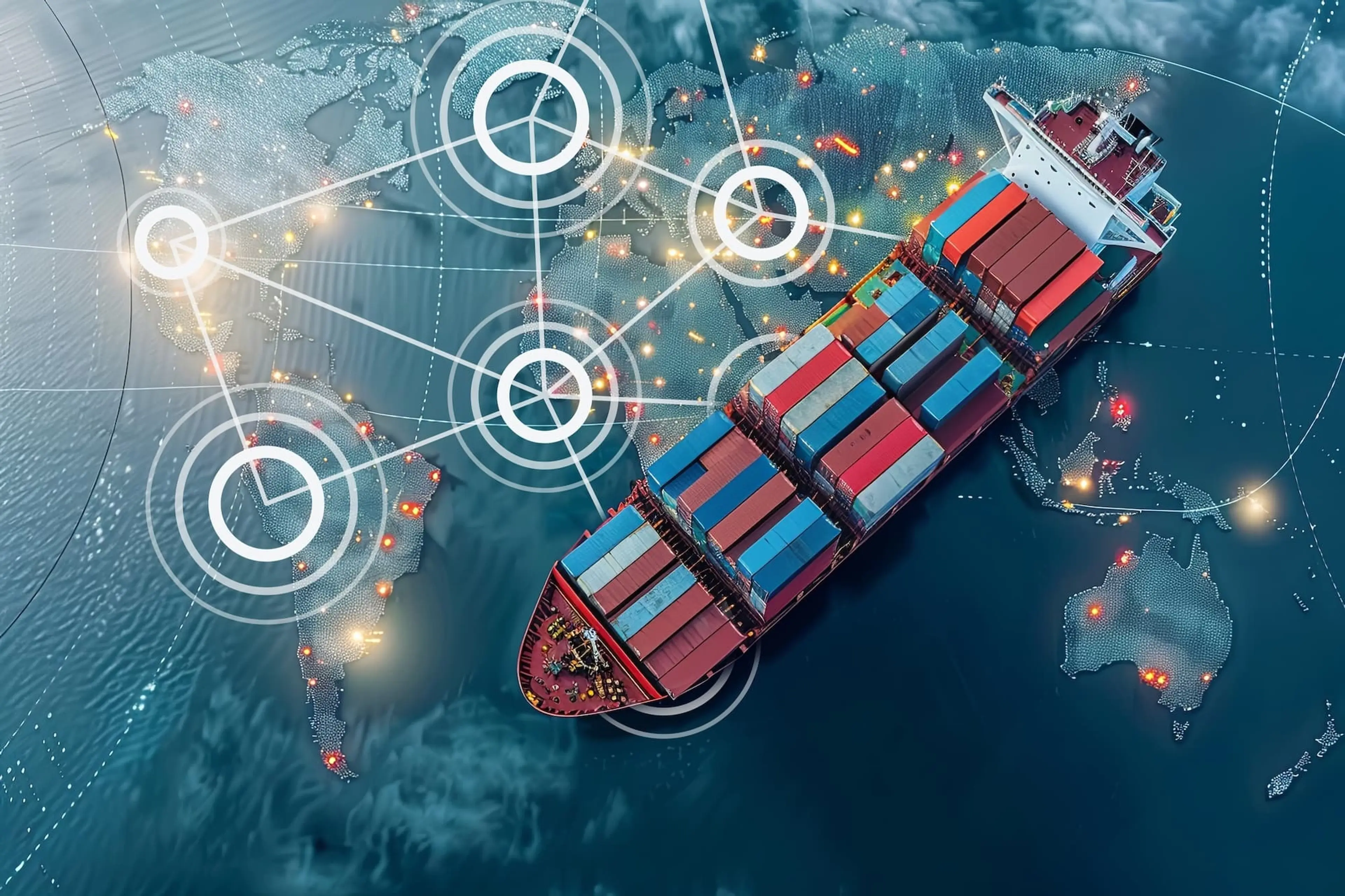 Container ship with world network map