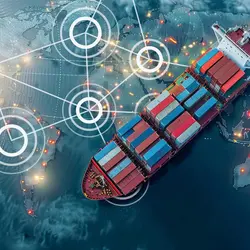 Container ship with world network map