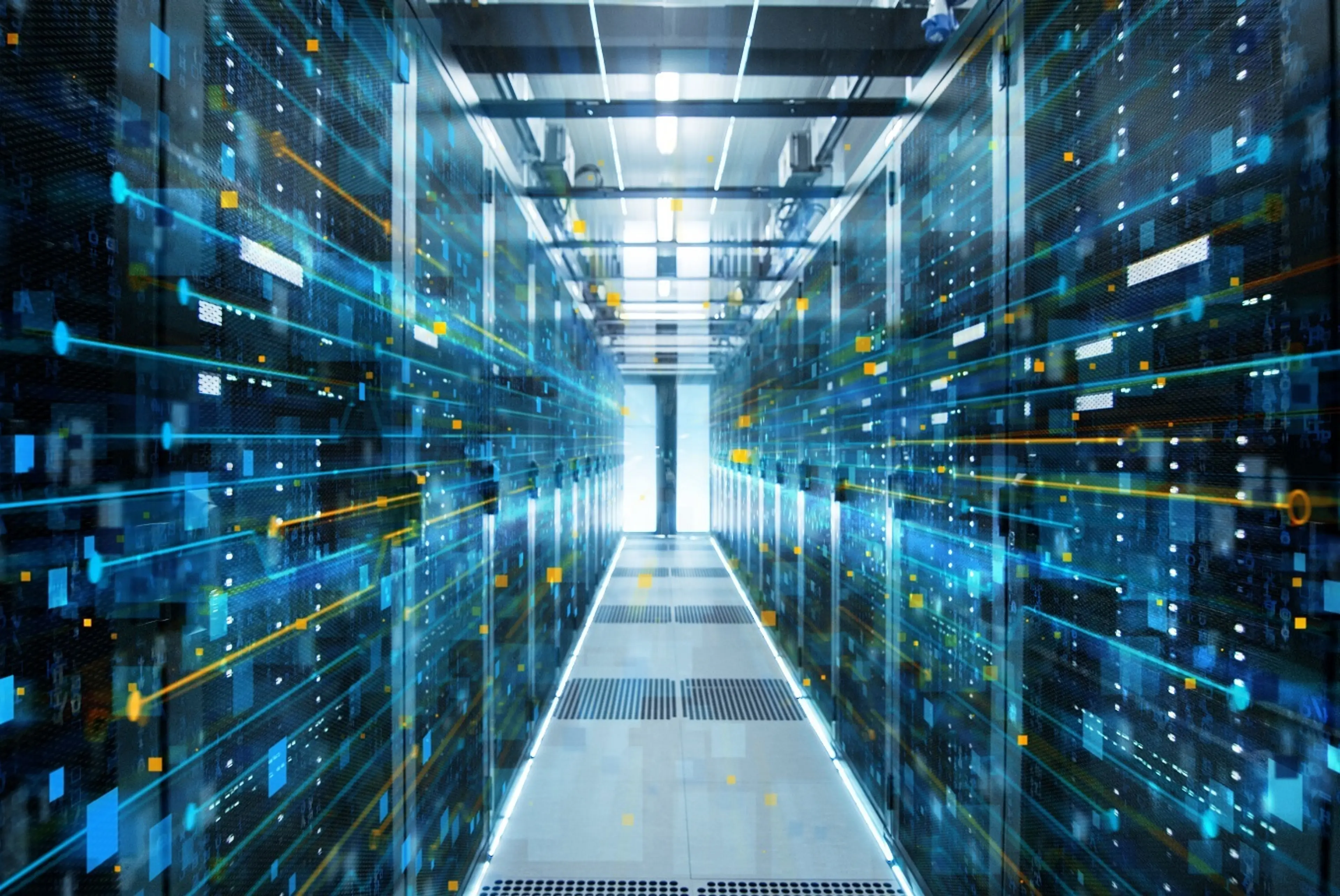 An image of a data center with many servers