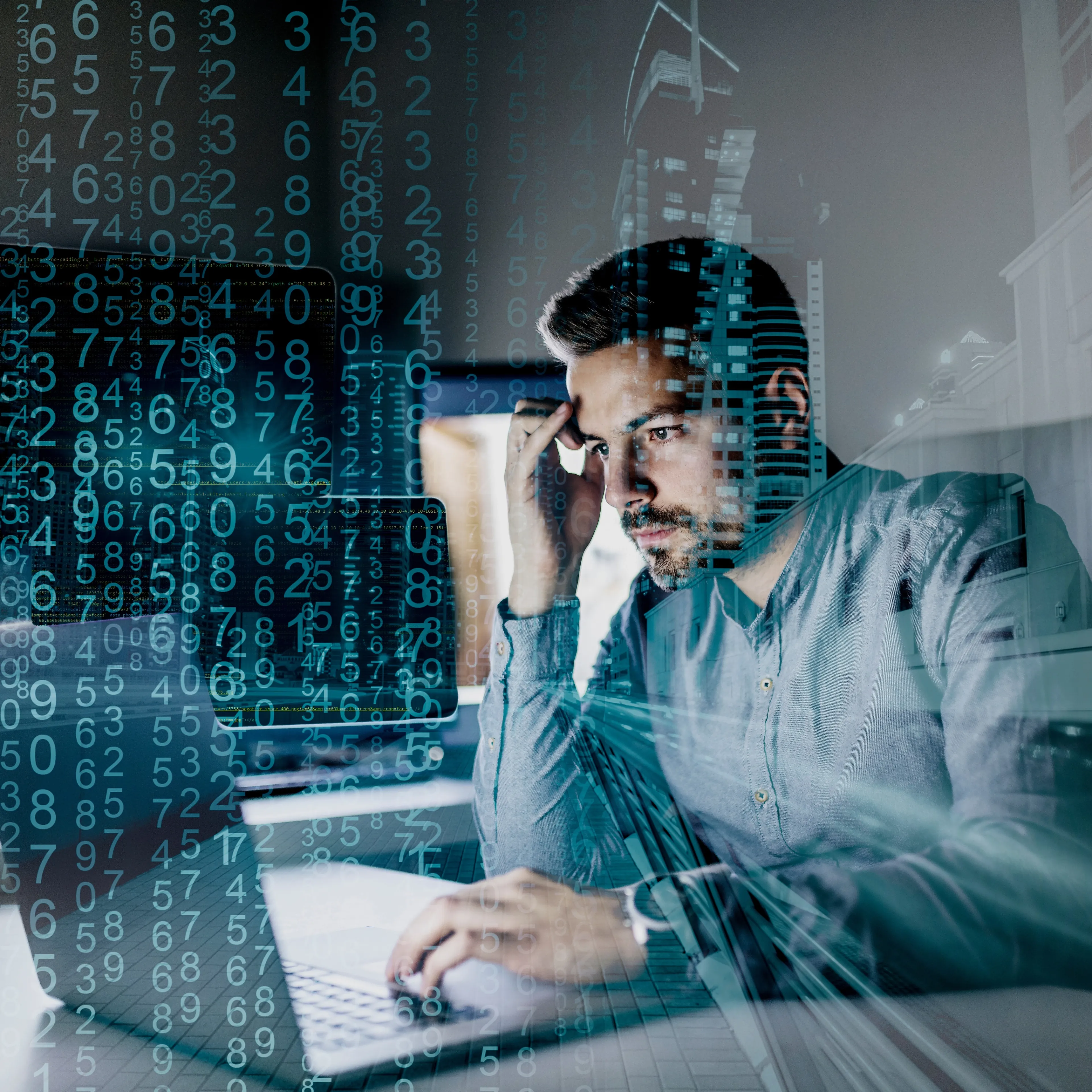 Image of man thinking and digital numbers written all over image