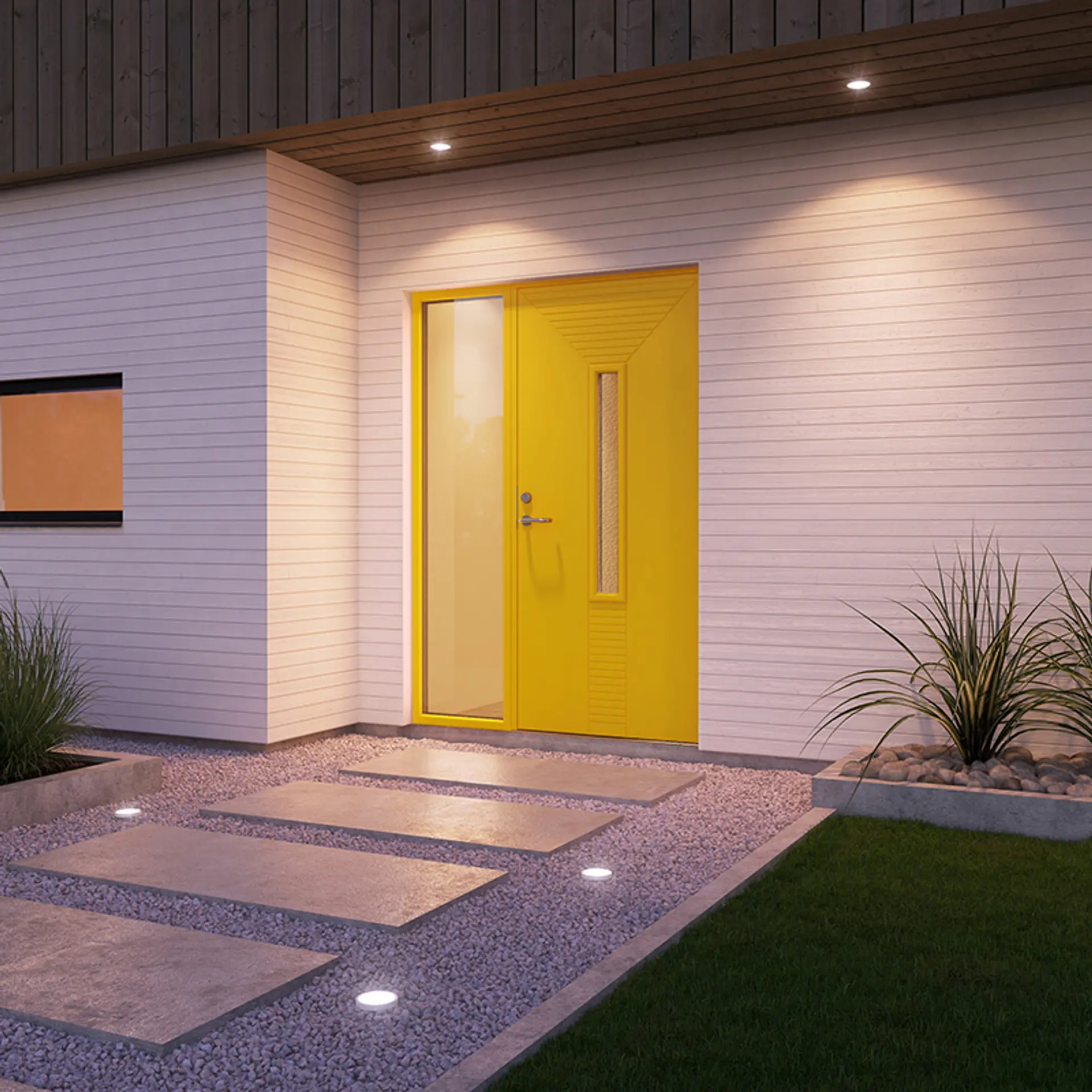 Moderne funkisvilla med gul ytterdør