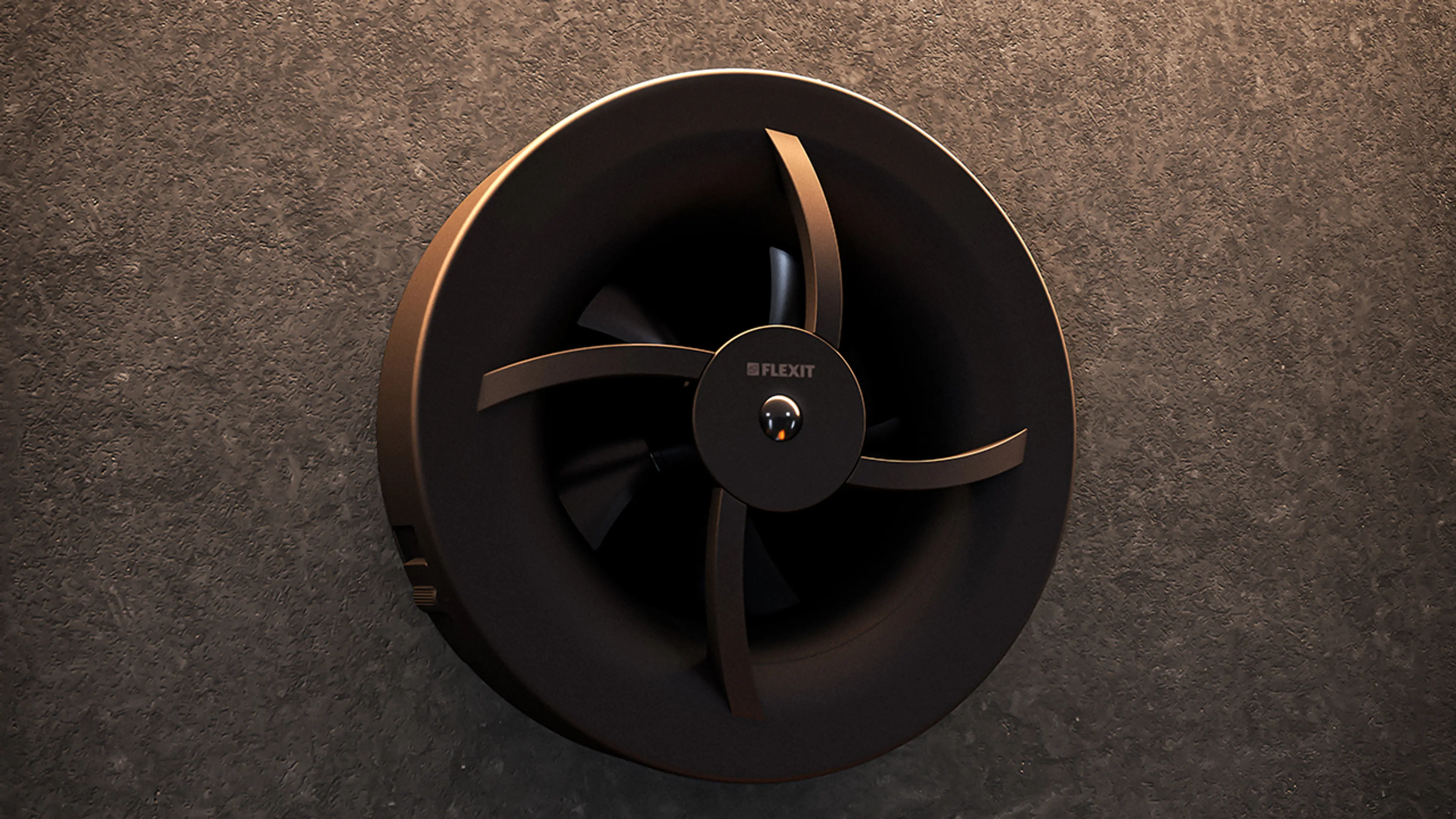 Nærbilde av svart baderomsvifte på mørk vegg.