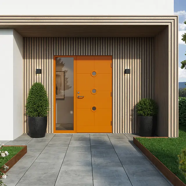 inngangsparti på moderne funkishus med knalloransje ytterdør og sidespeil