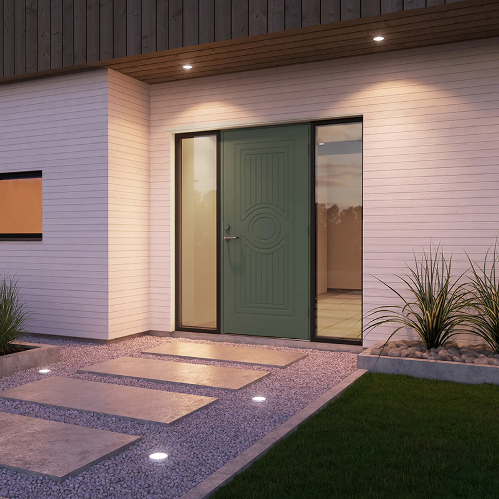 Grønn ytterdør med sidefelt i glass på begge sider