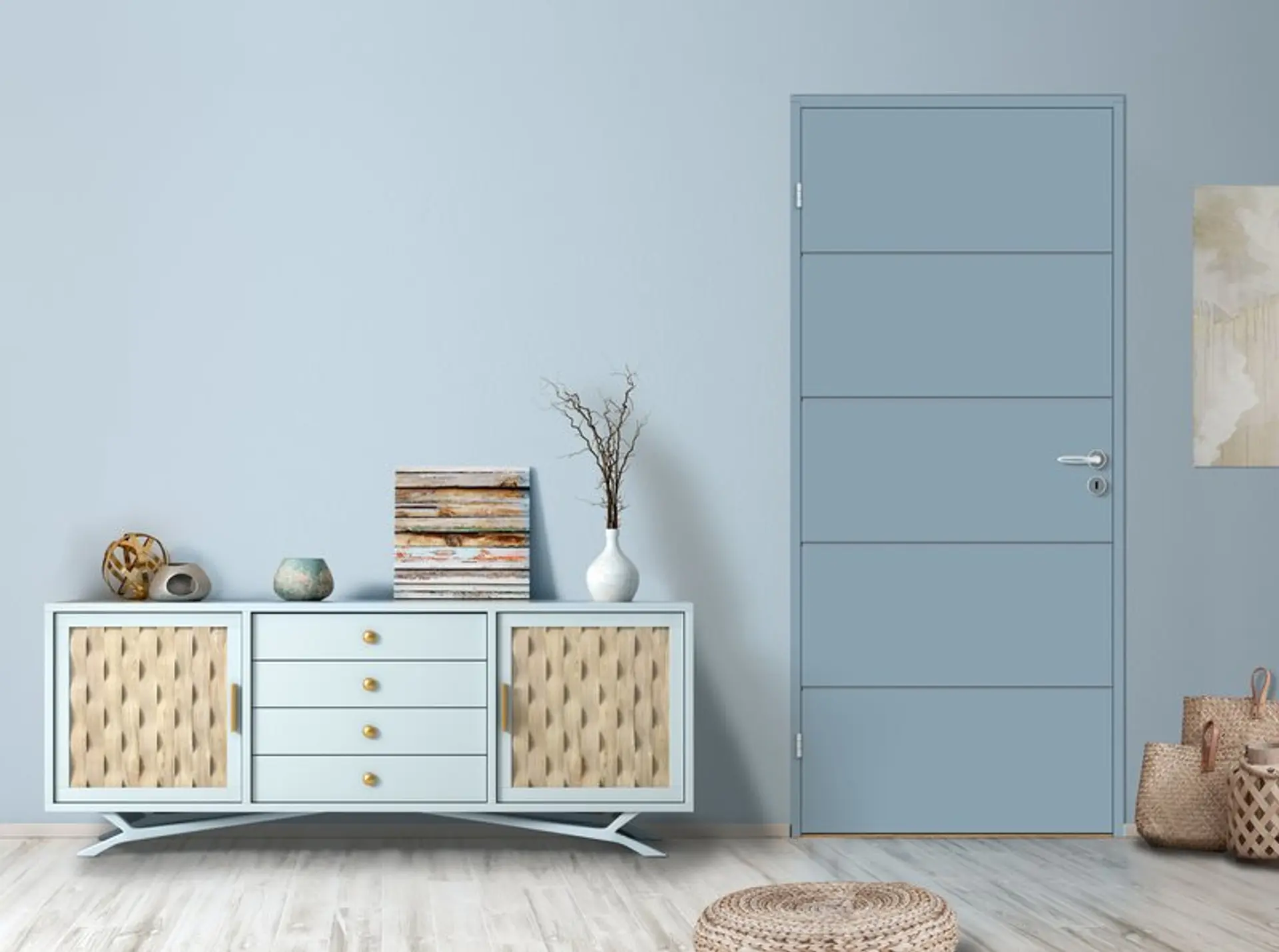 moderne stue med blå vegg og innerdør fra Bygg1 i samme farge som veggen