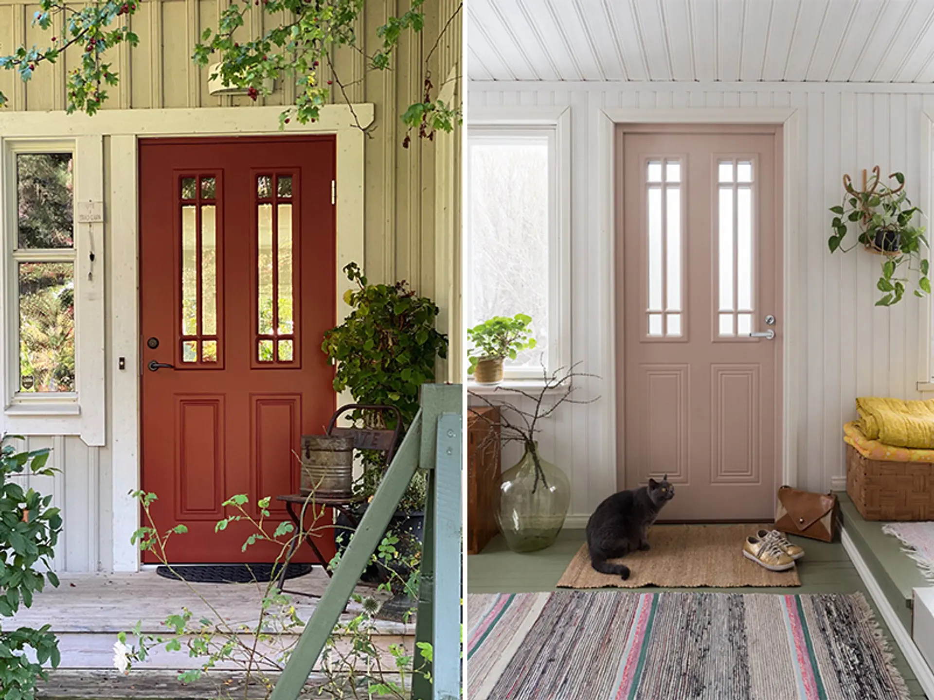 ytterdør i to farger. Rød på utsiden, rosa på innsiden