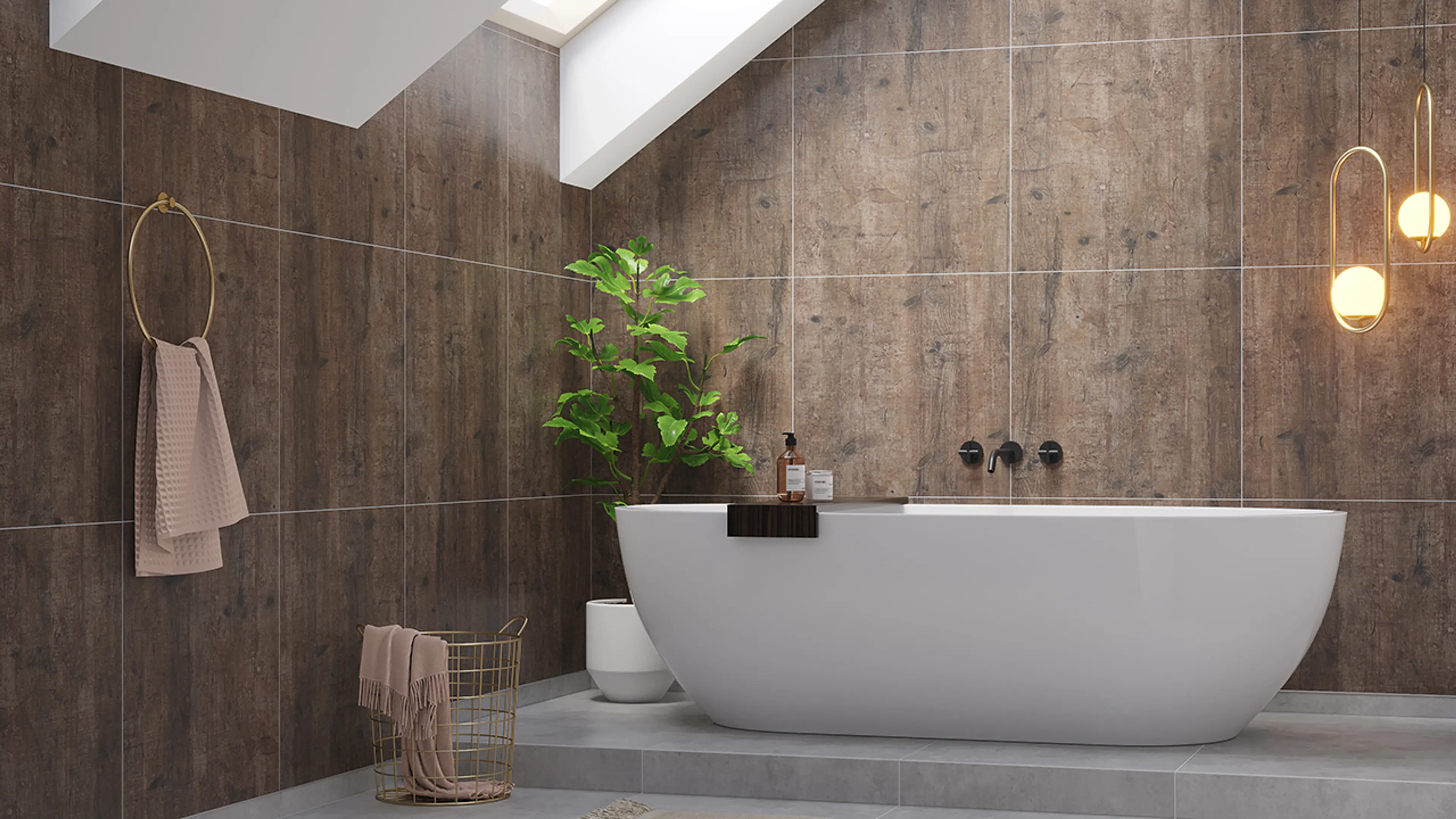 Bad med veggplater med treverksdekor.