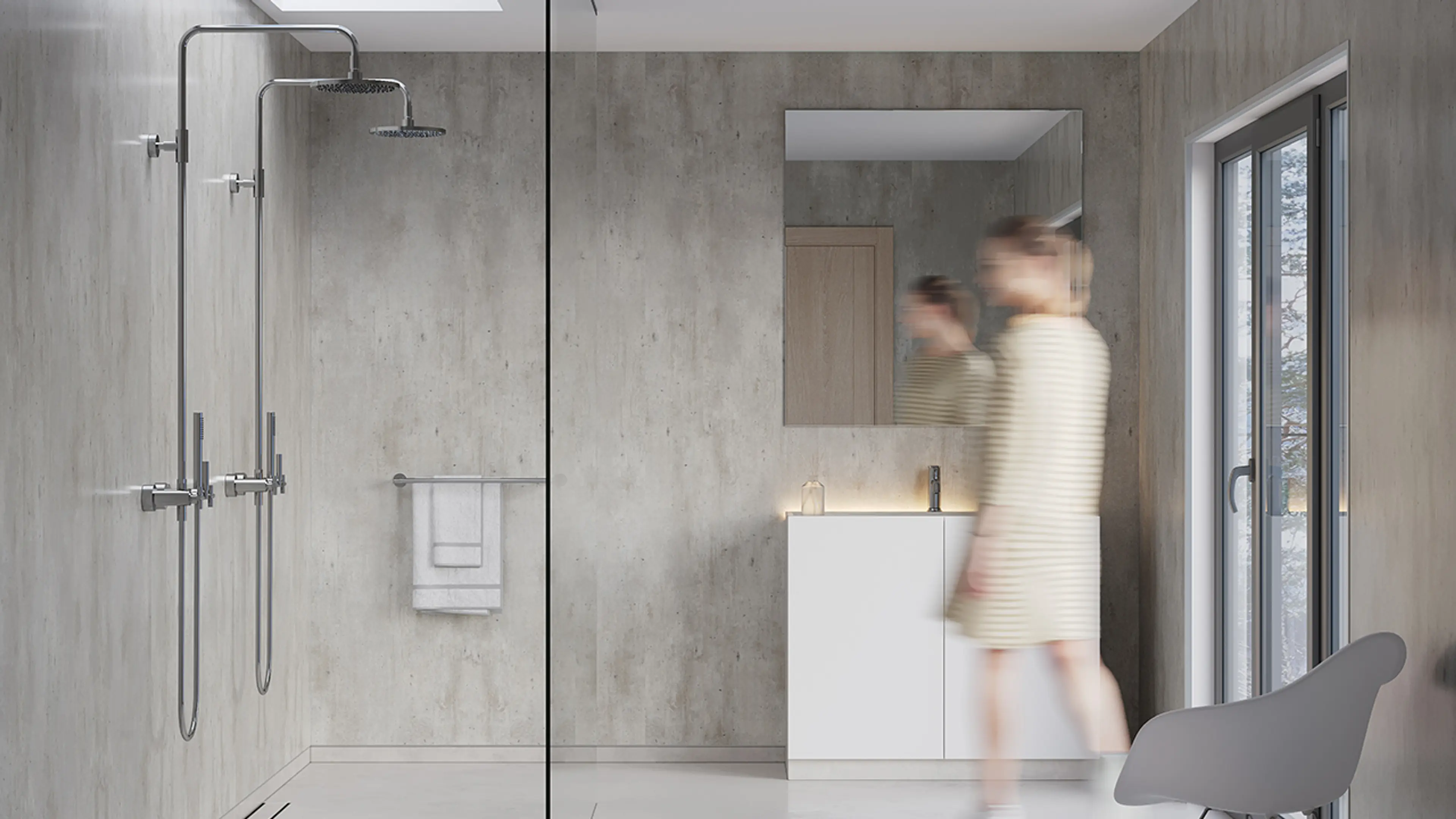 Bad med veggplater med sementdekor.