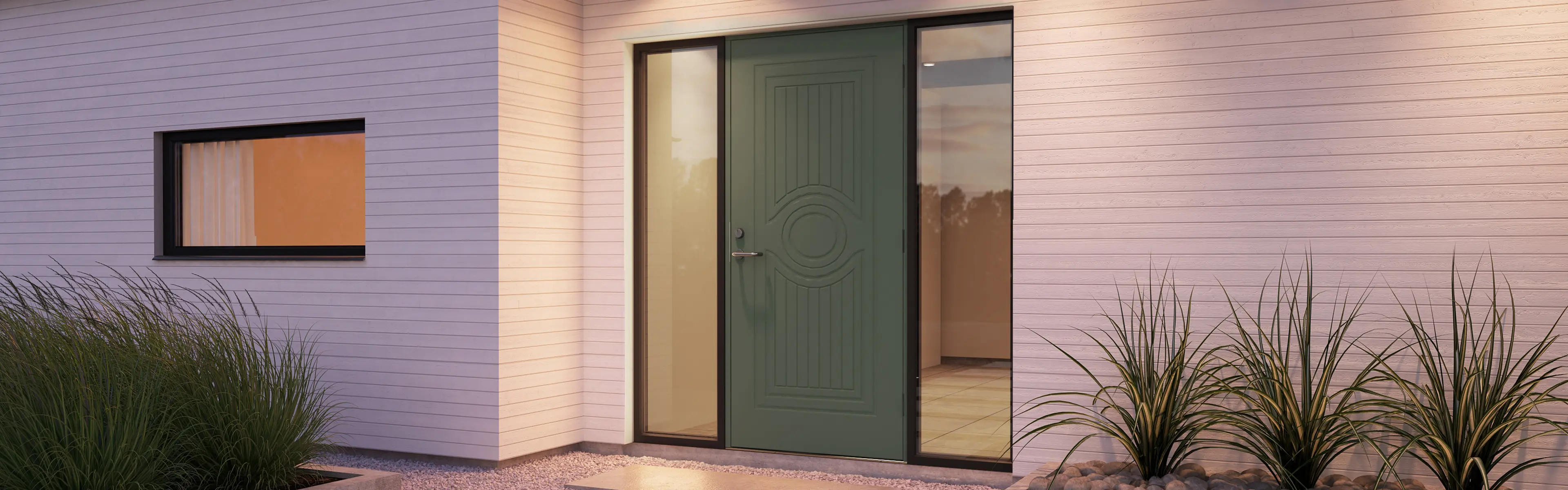 moderne funkishus med grønn dør og sidefelt
