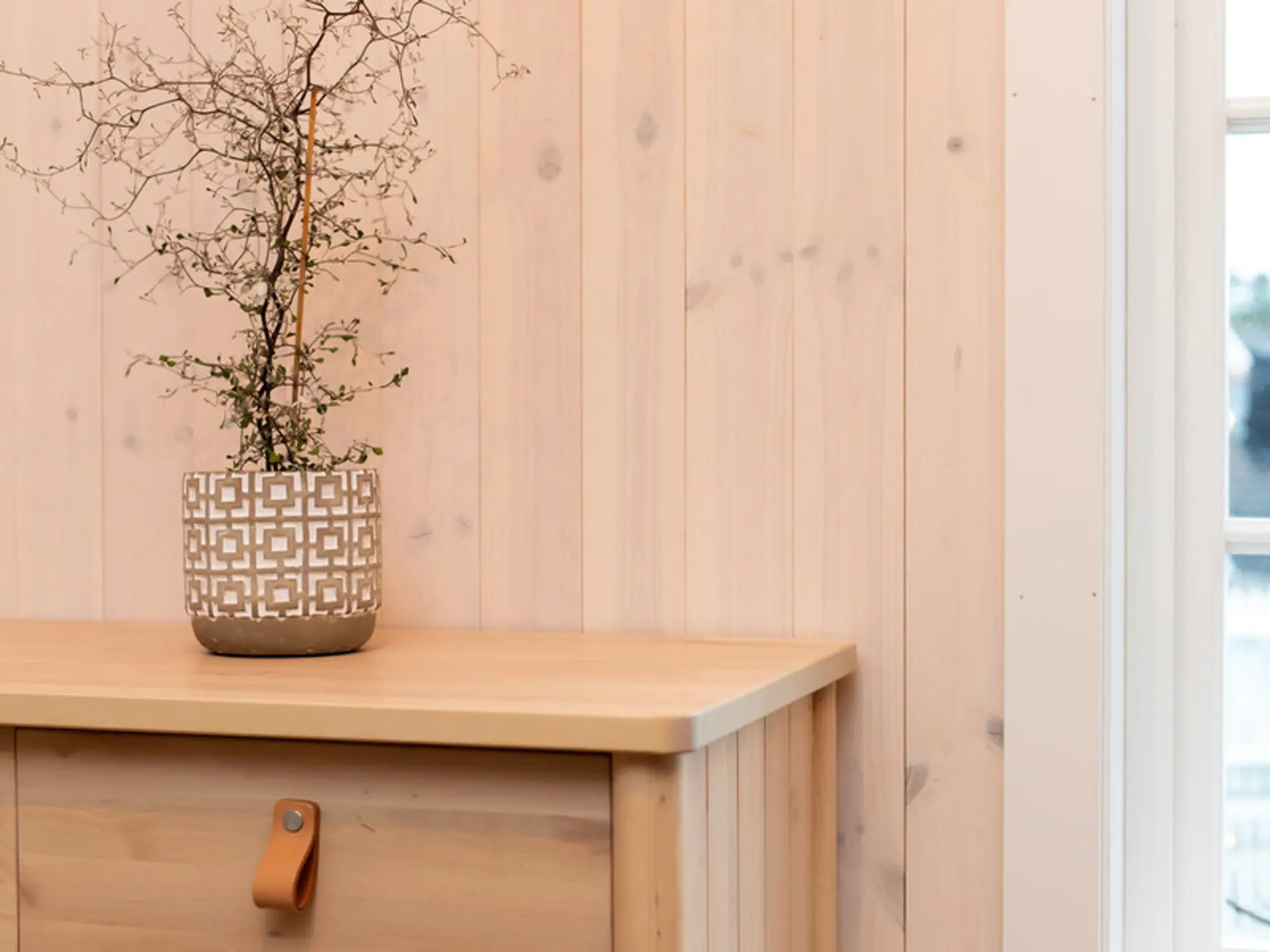 trekommode med en potteplante foran en hvitlasert panelvegg