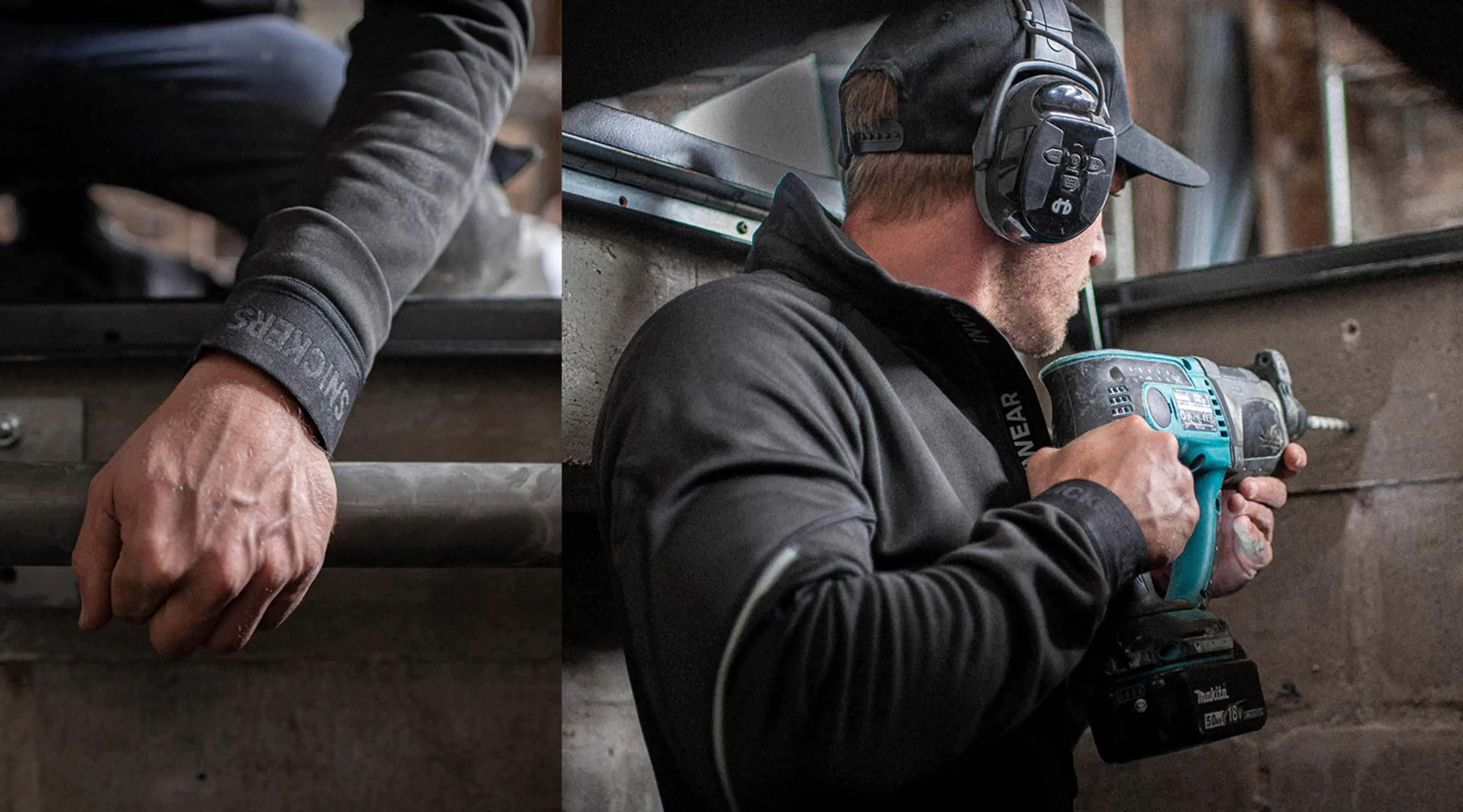 Mann som borer i betong med arbeidsklær og hørselvern.